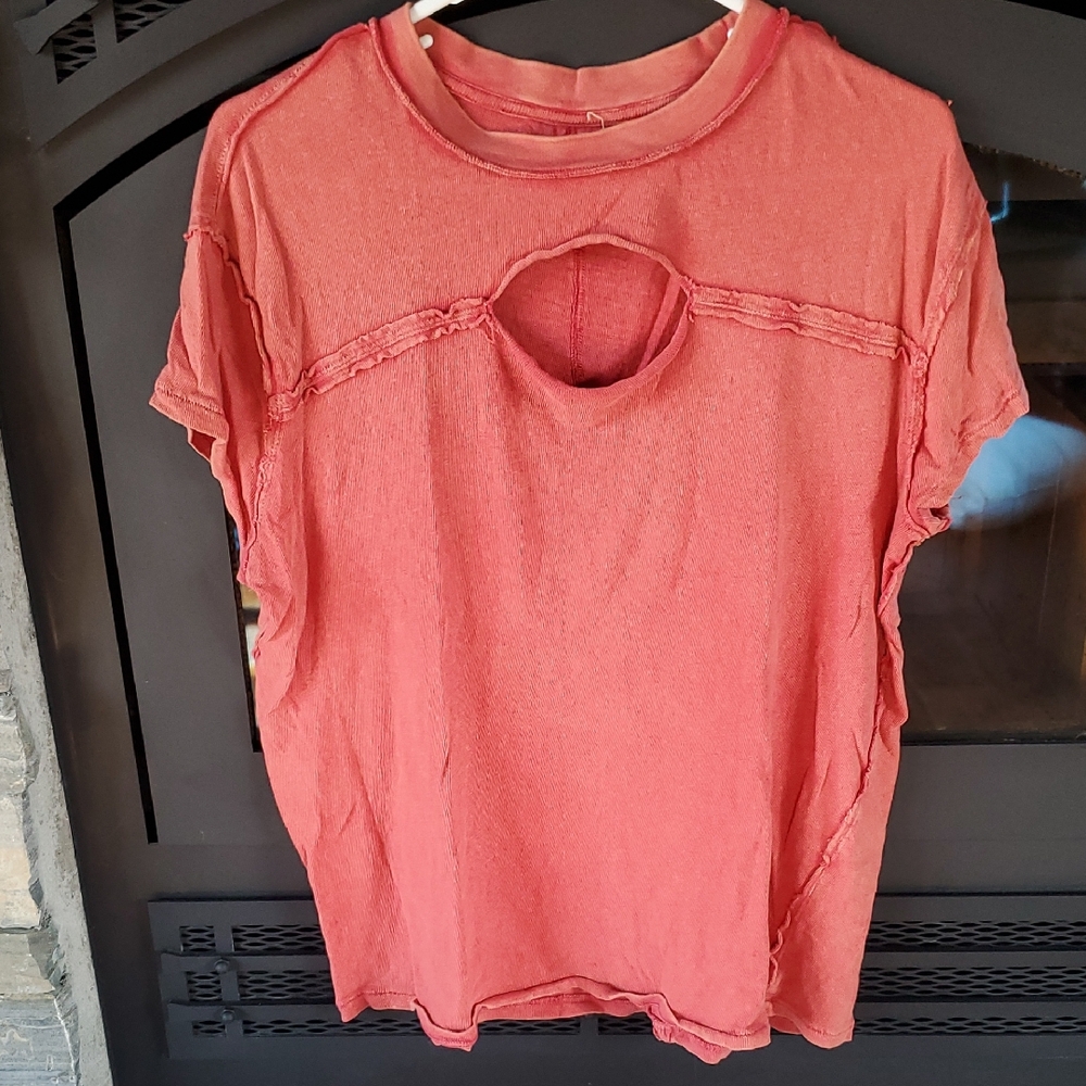 FP Movement by Free People Distressed Red Short Sleeve Tee